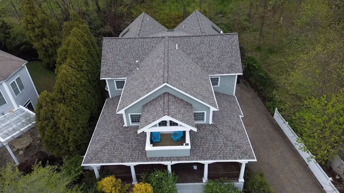 Aerial view of a new architectural shingle roof on a Massachusetts home